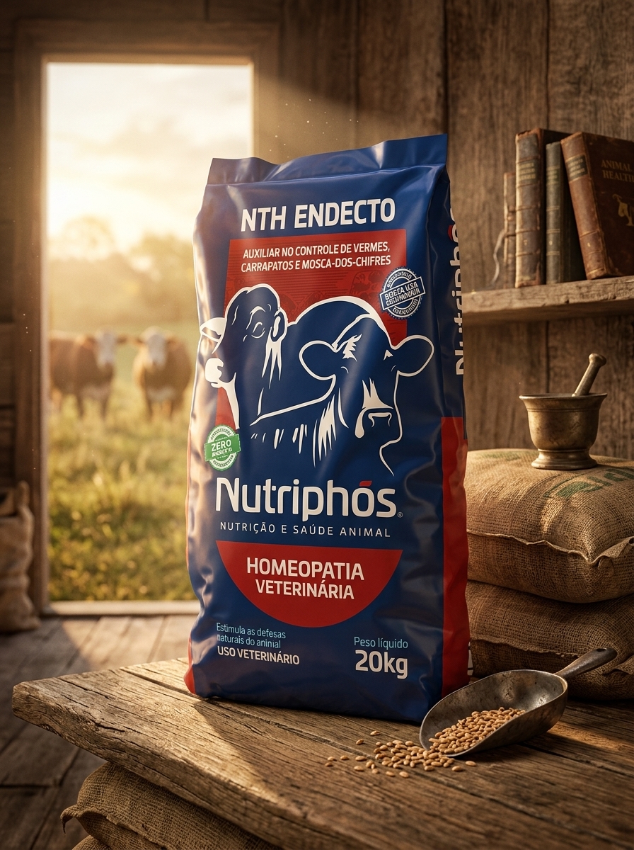 Saco de 20kg do NTH ENDECTO em galpão rural, homeopatia veterinária Nutriphós